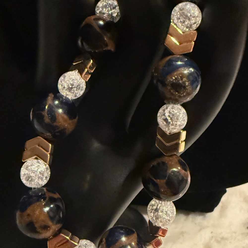 Natural Jasper and Quartz with Gold Chevron Design Bracelet